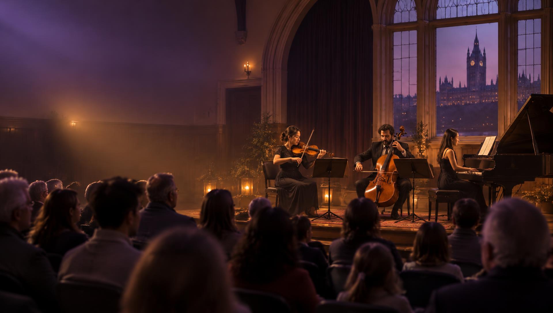A community ensemble performing on a small stage in a warmly lit hall while an audience watches