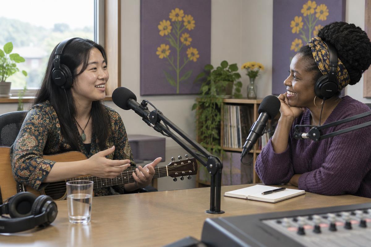 Two women discussing community music at studio microphones