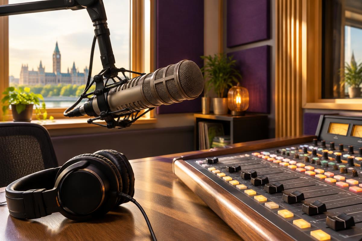 A broadcast microphone and headphones in a warmly lit radio studio